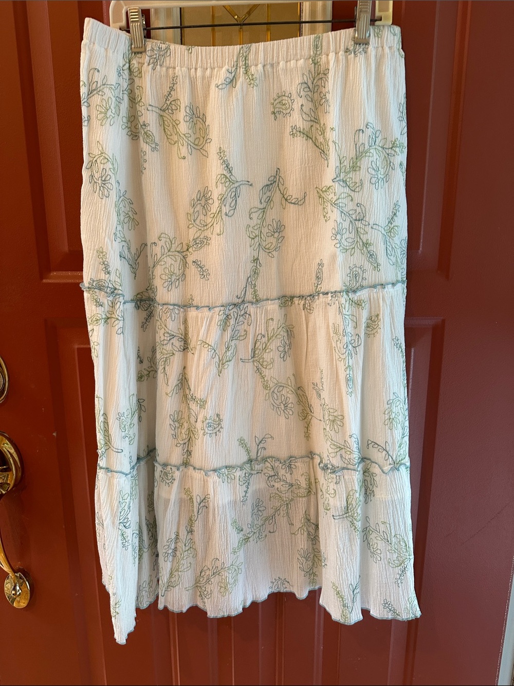 White Tiered Gauze Skirt with Green and Blue Floral Design